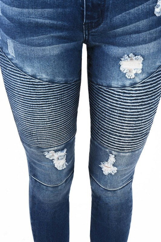 Trendiga mörkblå skinnyjeans för dam med hög midja och moto-stil, mångsidiga för fest och vardag.