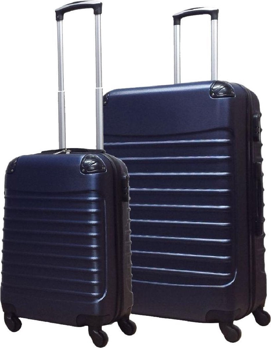 Elegant mörkblått resväskeset, 2 hårda bagage för semester & affärsresor. Perfekt för organiserad packning.