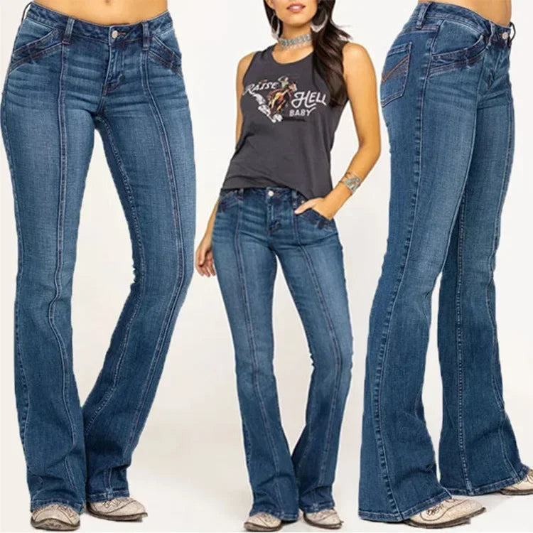 Kvinnors utsvängda jeans i mörkblå, perfekt för vardagsmode med retrokänsla.