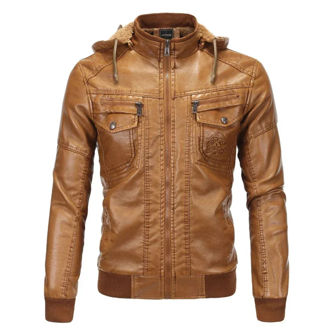 Mörkblå vinterjacka med huva för män. Varmt ytterplagg i urban stil, perfekt för kalla höstdagar och streetmode.