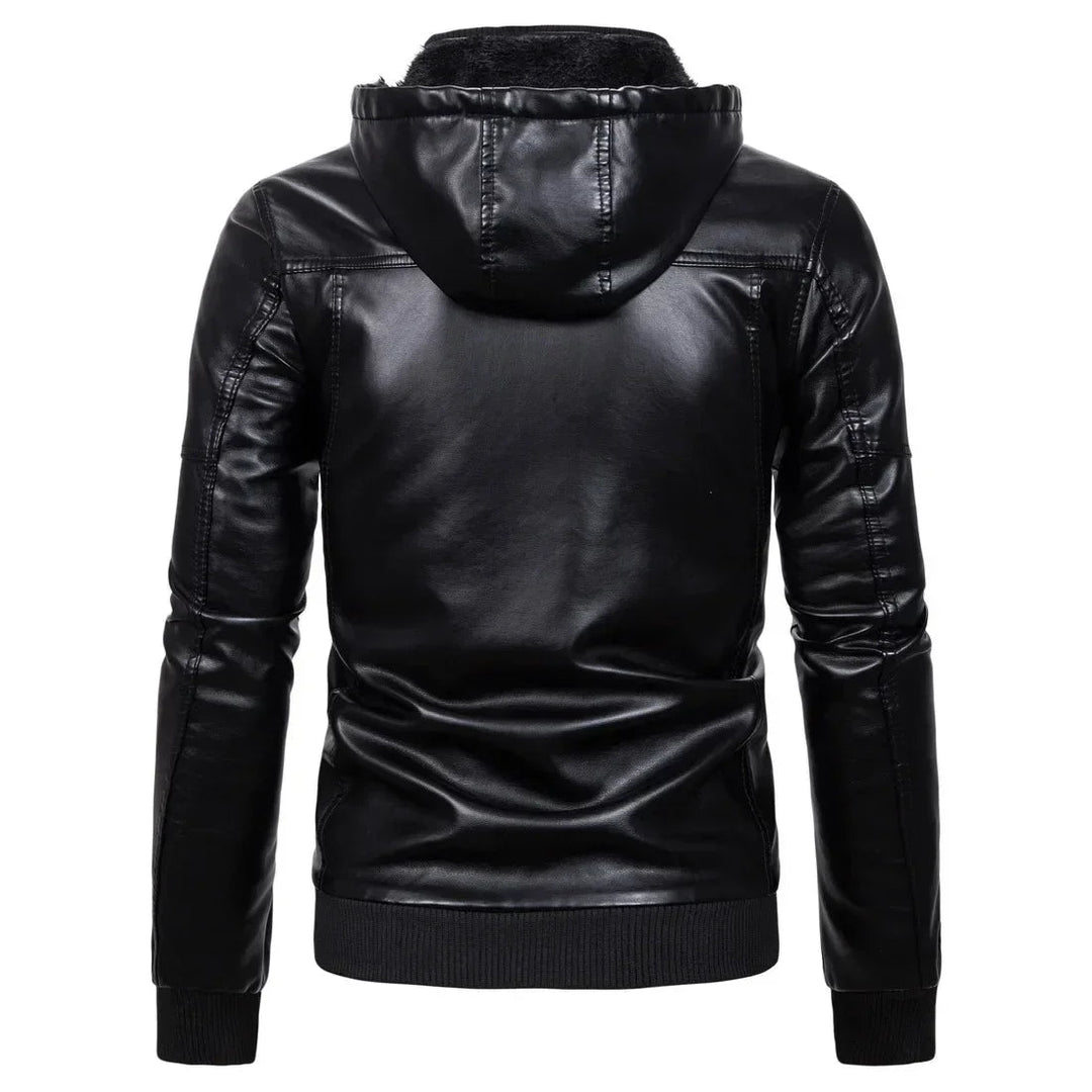 Bekväm herrjacka med huva för höst och vinter. Varmt och stilrent ytterplagg i modern, casual urban stil.