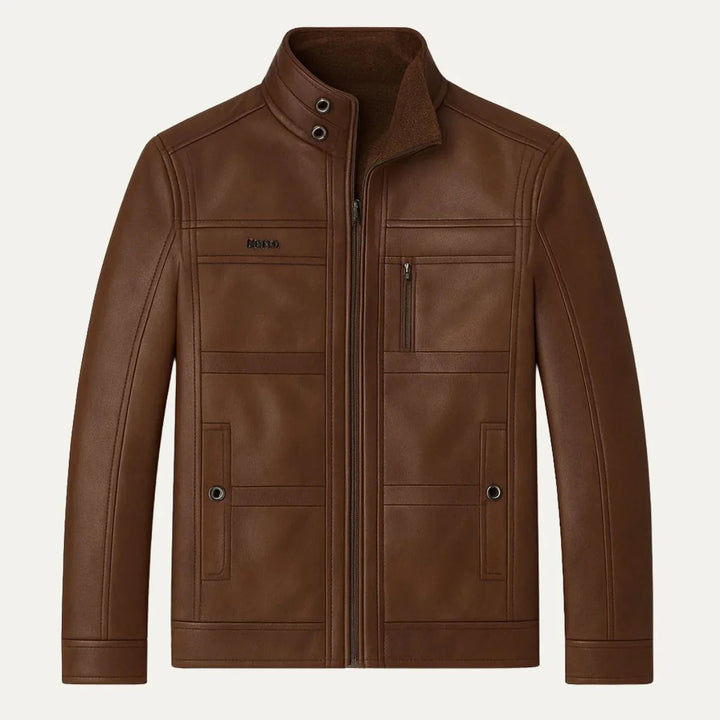 Elegant, stilren herrjacka i äkta skinn; tidlös design för herrmode.