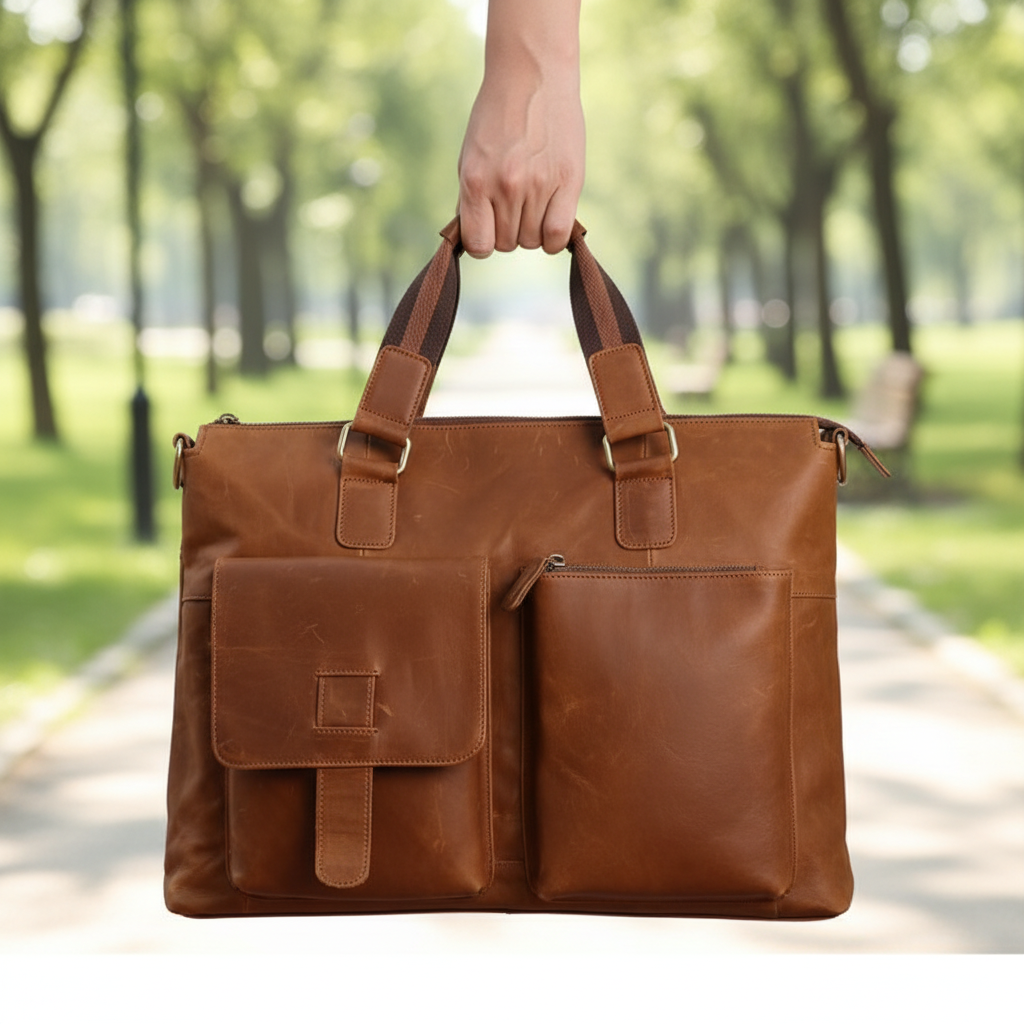 Mörkbrun vintage unisex arbetsväska i läder. Elegant portfölj & datorväska för kontoret.