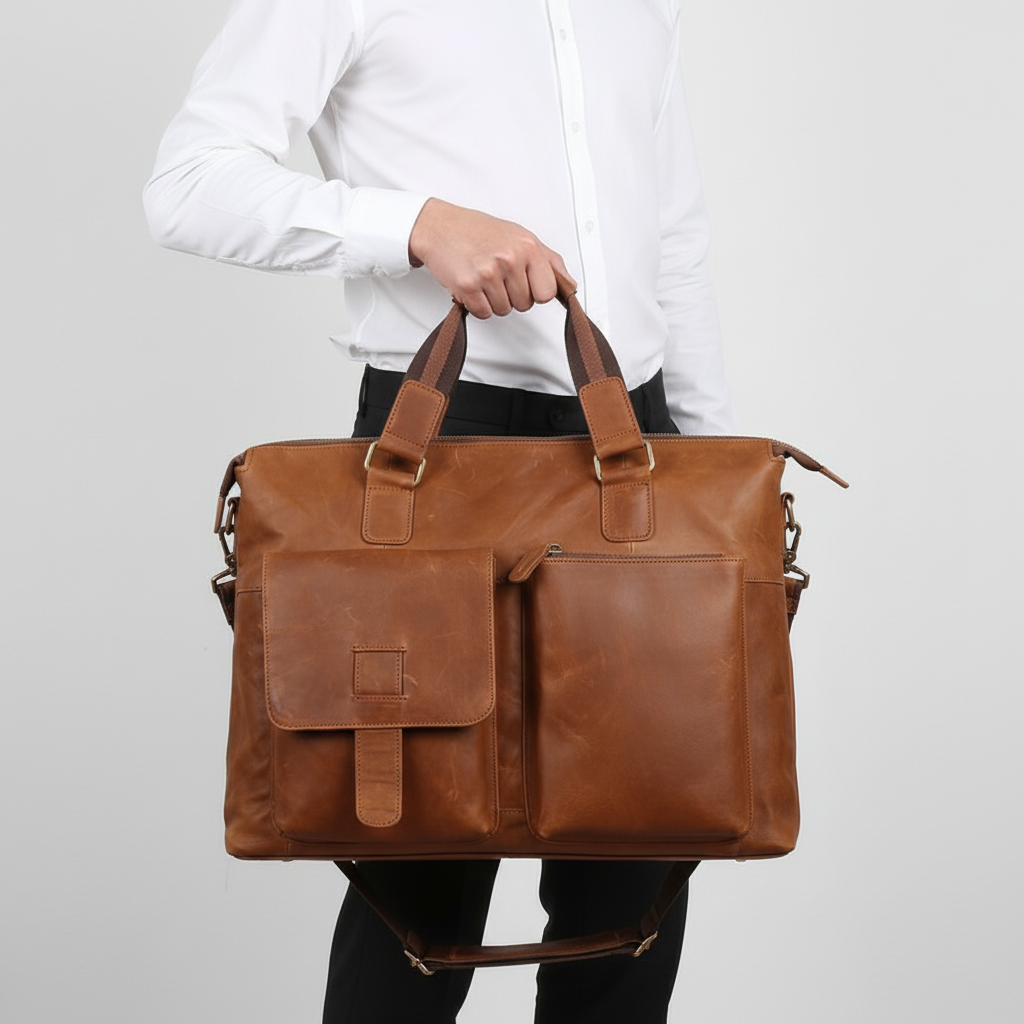 Elegant brun läder axelväska, perfekt som datorväska eller dokumentväska för jobb & möten.