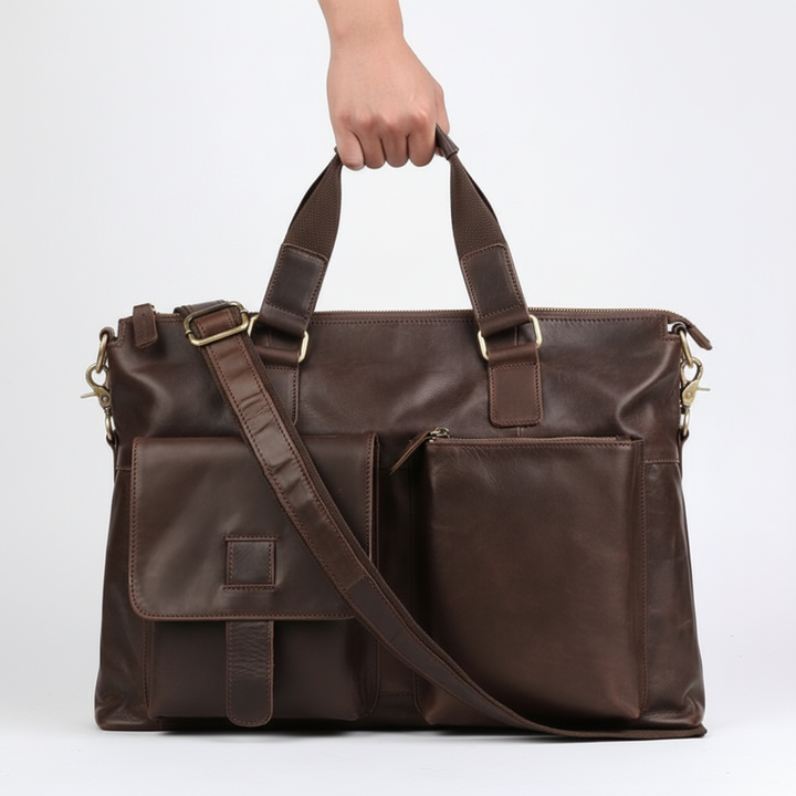 Brun vintage unisex axelväska i läder. Robust & elegant datorväska/portfölj för den stilmedvetne.