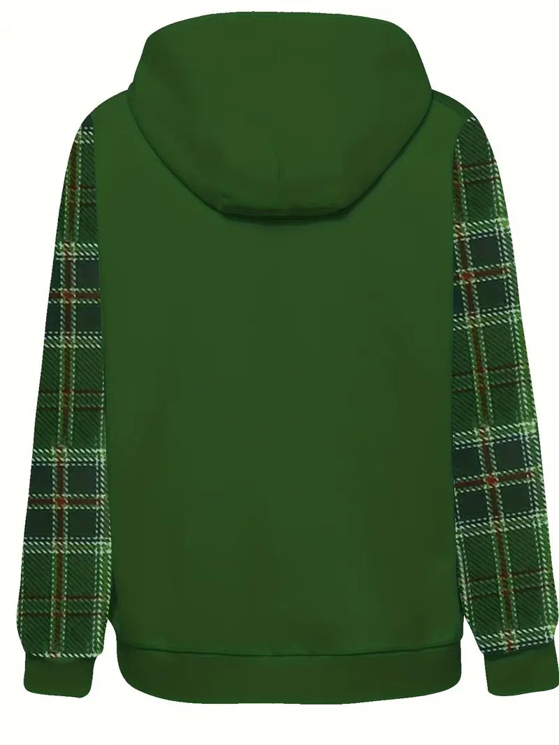 Mörkgrön herrhoodie med trendigt rutigt mönster, perfekt för en avslappnad vardagsstil.