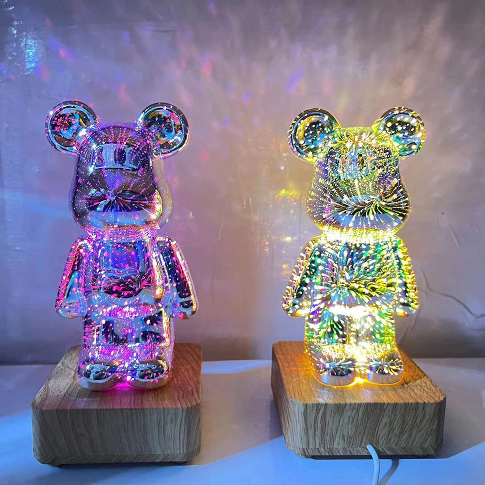 Unik 3D-lampa med björndesign och magisk fyrverkerieffekt. En färgglad LED-dekoration för hemmet.
