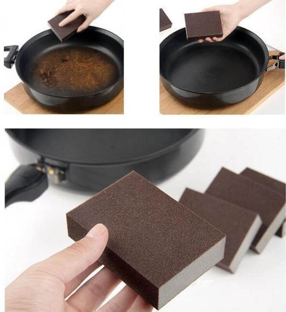Magisk rengöringssvamp med ergonomisk design för enkel hantering vid rostborttagning i köket.