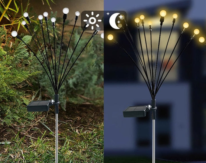 Väderbeständig solcellsbelysning med varmvita LED-ljus, imiterar eldflugor. Perfekt för energisnål utomhusbelysning.