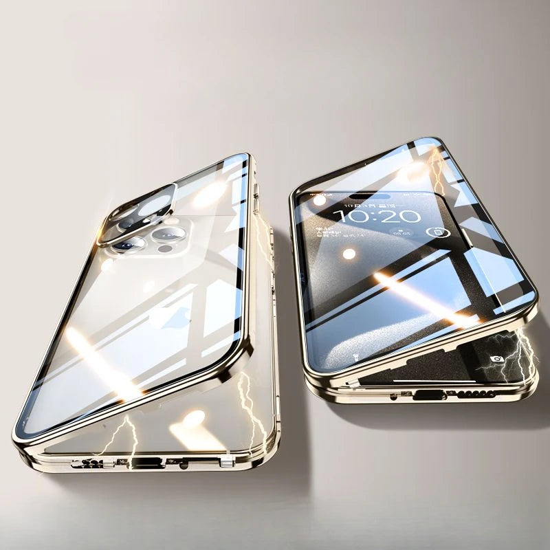 Detta hållbara iPhonefodral i hårdglas ger helkroppsskydd och har en integrerad insynsskyddsfunktion.