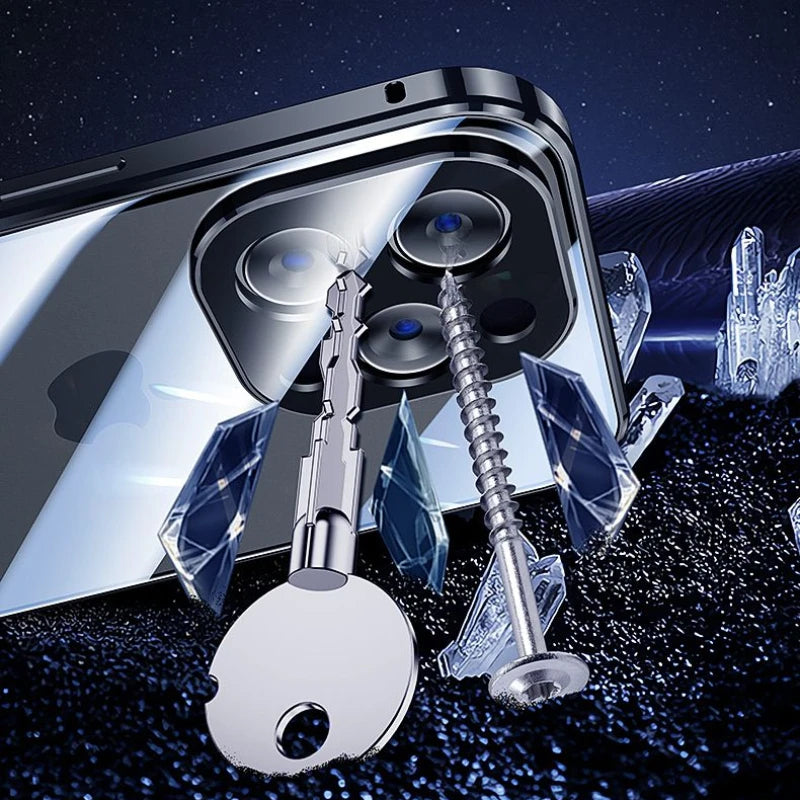 Funktionellt mobilskydd: magnetiskt iPhonefodral i härdat glas med anti-chock och insynsskydd.