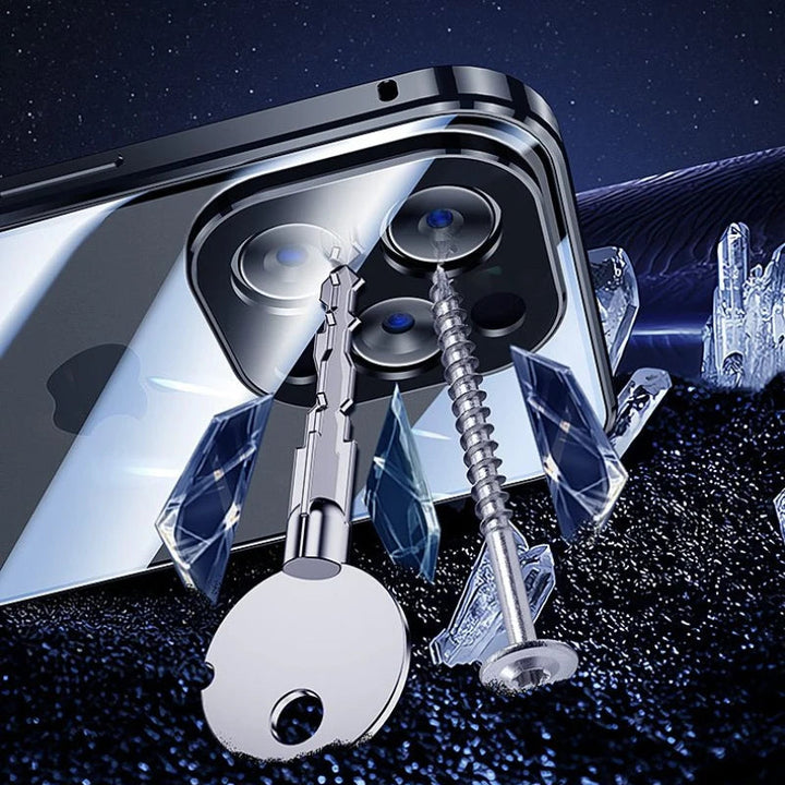 Funktionellt mobilskydd: magnetiskt iPhonefodral i härdat glas med anti-chock och insynsskydd.