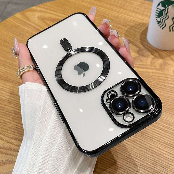 Magnetiskt iPhone-skal med Magsafe, trådlös laddning & kameraskydd, svart silikonfodral.