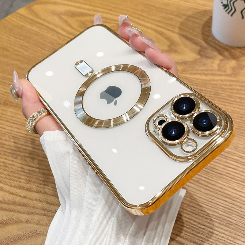 Telefontillbehör: Magnetiskt silikonfodral för iPhone med trådlös laddning & kameraskydd, lila.