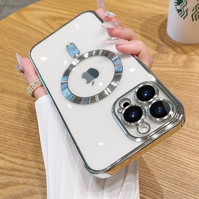 Slank magnetisk mobilskal för iPhone med Magsafe, trådlös laddning & förstärkt kameraskydd, vit.