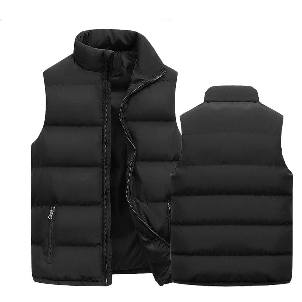Herr ärmlös bodywarmer väst i olivgrönt, exponerad platt framifrån, isolerande ytterplagg.