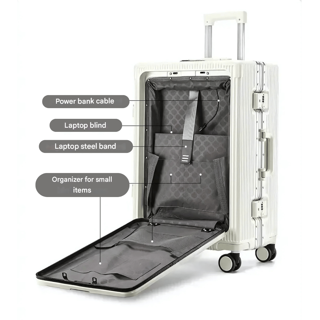 Öppen Manhattan Pro kabinväska som visar smarta fack för laptop, kläder & USB-laddningsport.