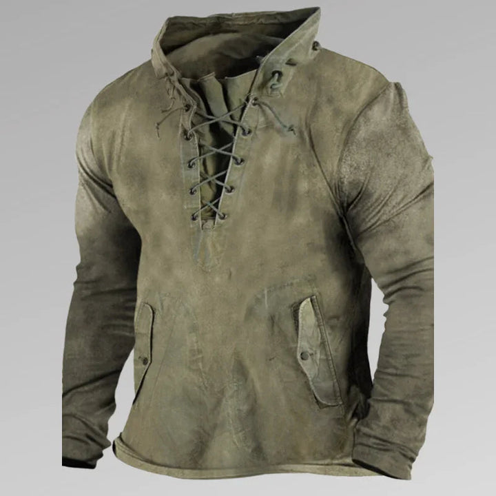 Snygg blå herrskjorta med snörning och fickor. Långärmad, modern design för stilren manlig look.