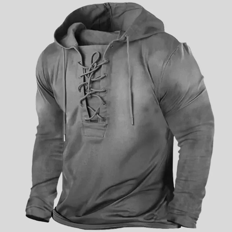 Svart långärmad snörningsskjorta för män. Avslappnad passform, perfekt för en modern och bekväm look.
