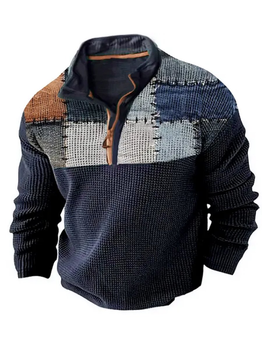 Marinblå herr sweatshirt med färgblockdesign och dragkedja, idealisk för avslappnad vardagsstil vår/höst.