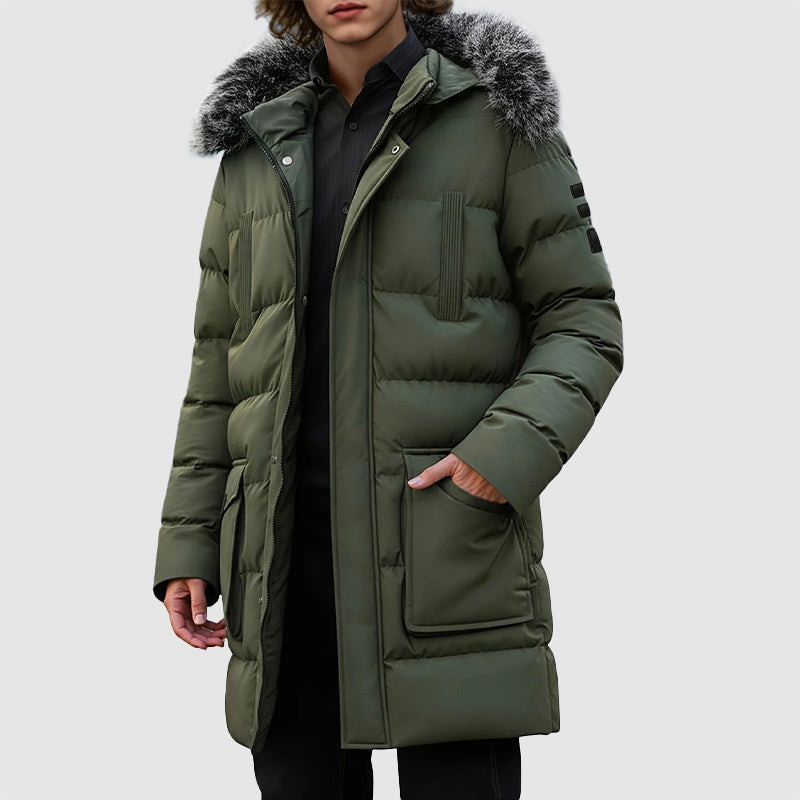 Varm och quiltad vinterjacka för herrar, en snygg och praktisk vardagsjacka med huva.