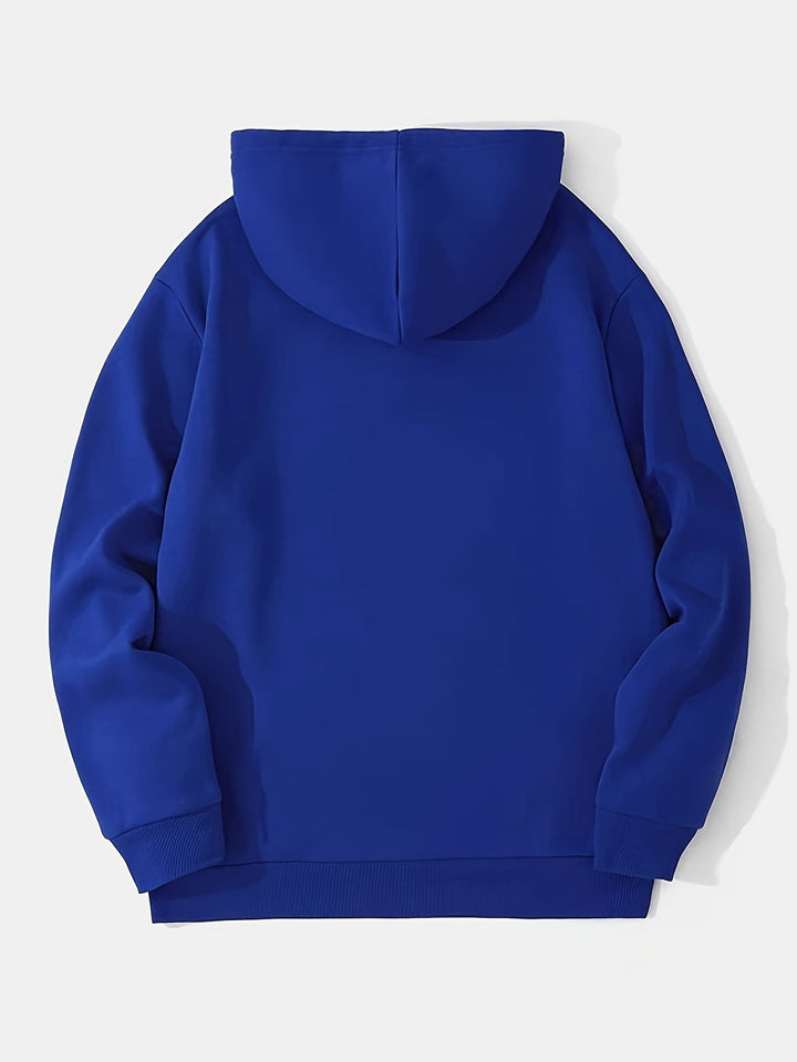 Svart herrhoodie, minimalistisk design. Perfekt för avslappnade stunder, sportig och bekväm med lös passform.