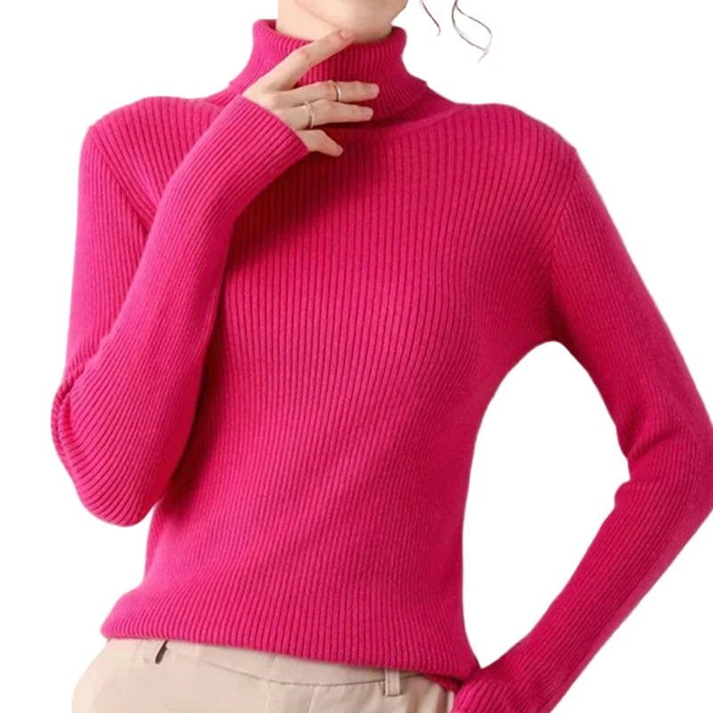 Mjuk stickad dam turtlenecktröja. Elegant pullover för kvinnors höstmode och komfortabel vardagslook.