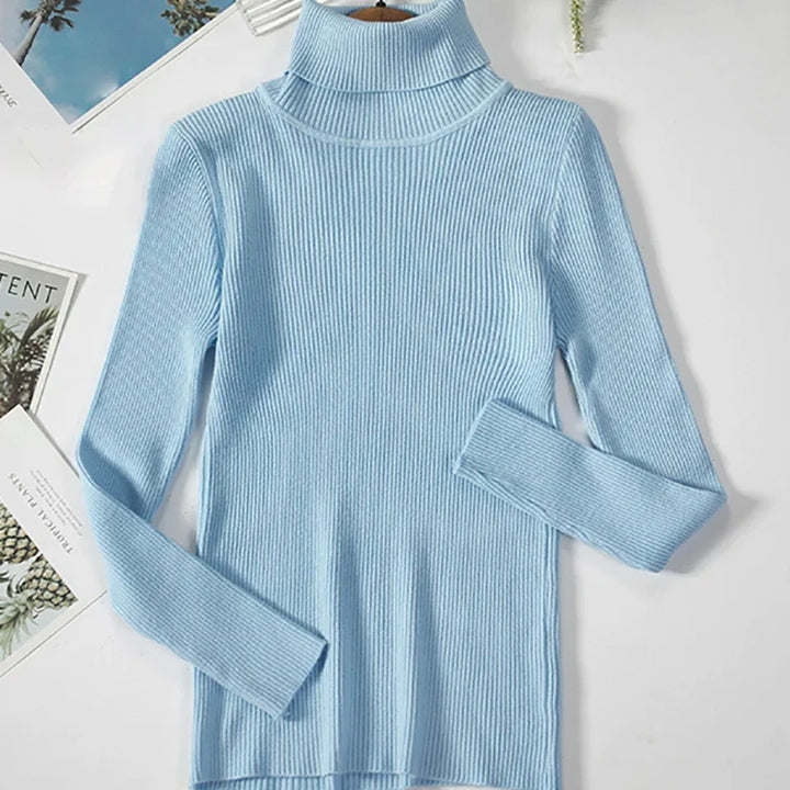 Stilren damtröja för hösten. Mjuk stickad pullover med turtleneck, perfekt för vardagslook.