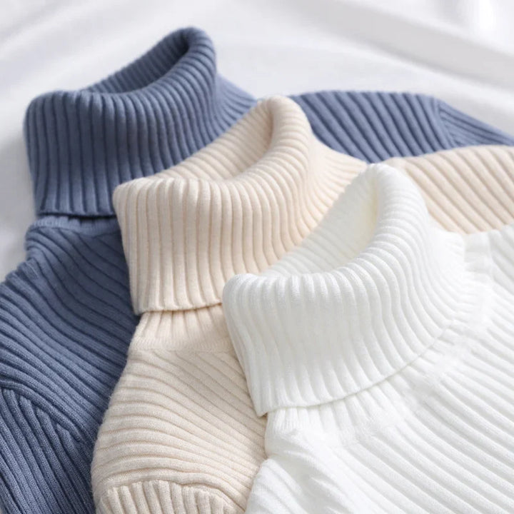 Stilren damtröja med hög krage. Perfekt stickad pullover för kvinnors vinterkläder och mode.