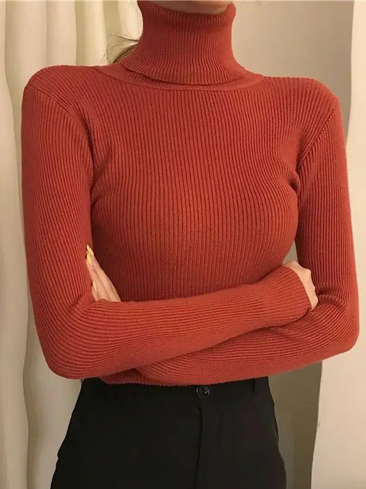 Höstmode damtröja. Elegant stickad pullover med turtleneck, perfekt för komfort och stil.