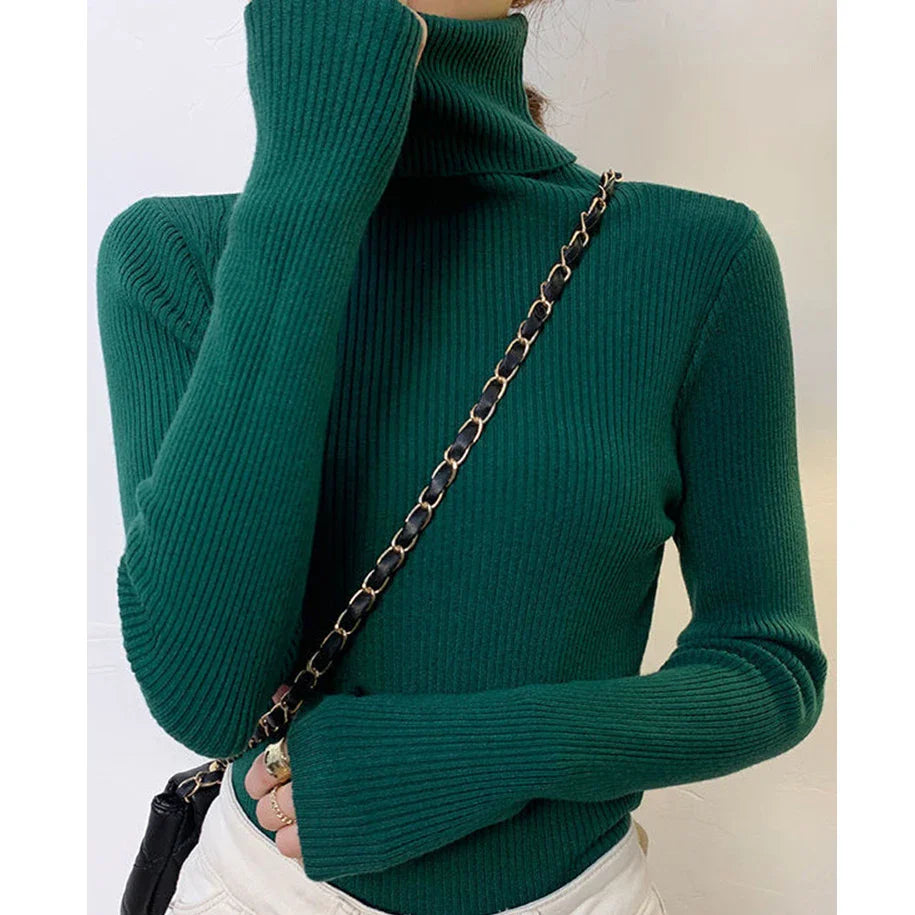 Värmande dam turtleneck. Mjuk stickad tröja för kvinnors vinterkläder, mysig och stilren.