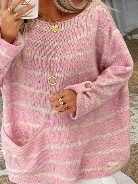 Bekväm randig långärmad damtröja i akryl/polyester. Mångsidig vardagsstil, maskintvättbar design.
