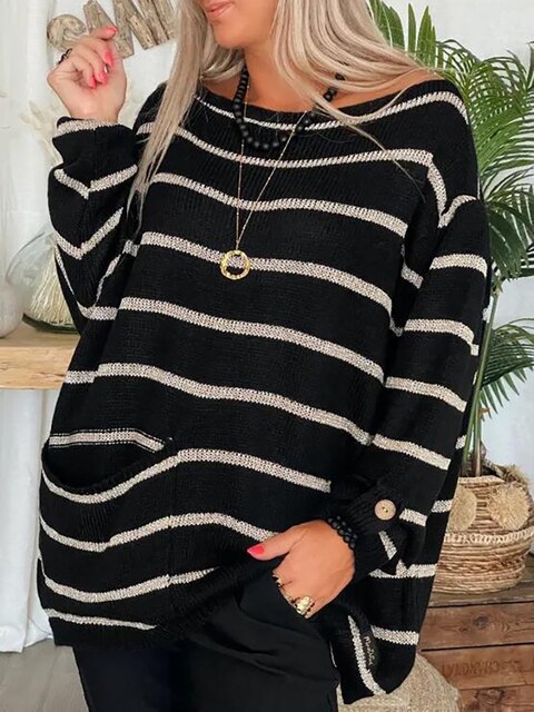 Elegant randig damtröja med lång ärm för höst & vår. Mjuk akryl/polyester för stilren vardag.