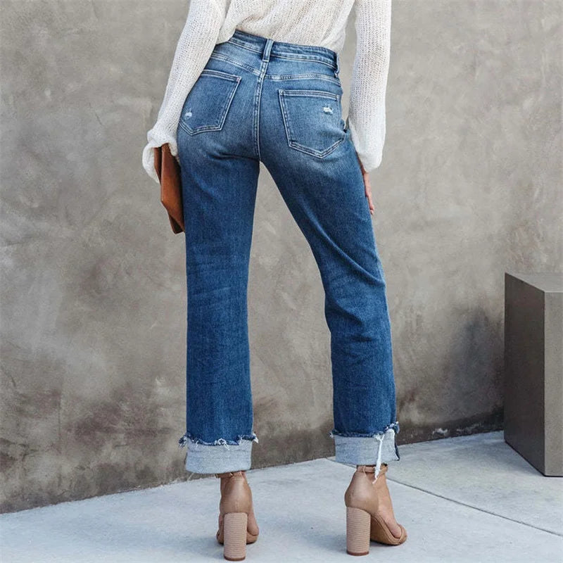 Par raka jeans med hög midja, platta, framifrån, idealiska för sommar och vardagsmode, damjeans.