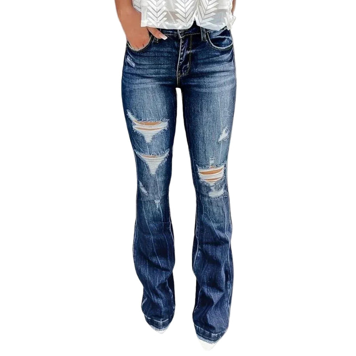 Moderiktiga damjeans med hög midja och utsvängda ben i blå denim för en bekväm vardagsstil.