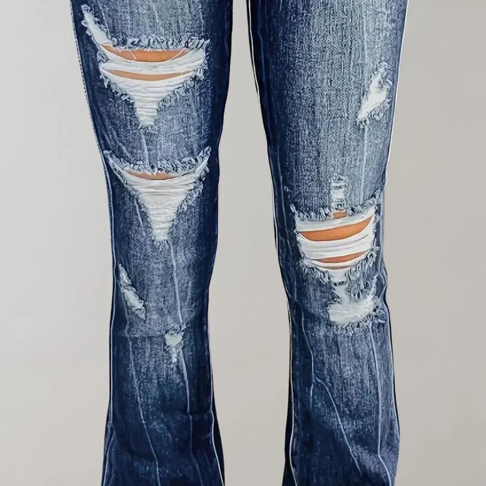 Blå denim damjeans med utsvängda ben, elegant hög midja och bekväm stretch, idealiska för alla tillfällen.