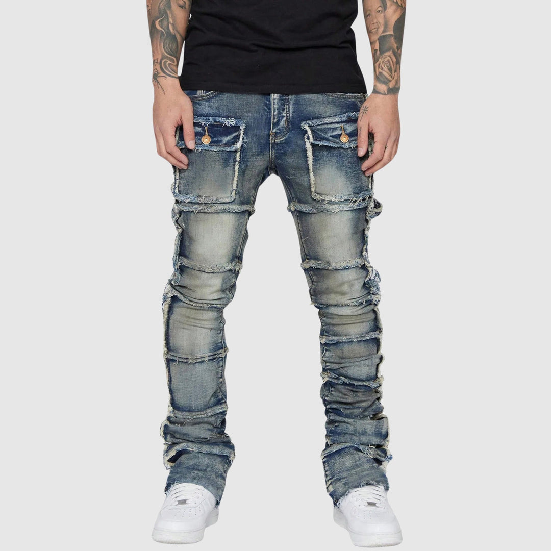 Svarta distressed herrjeans, trendig slimfit. Bekväma modejeans som passar till allt, helår.