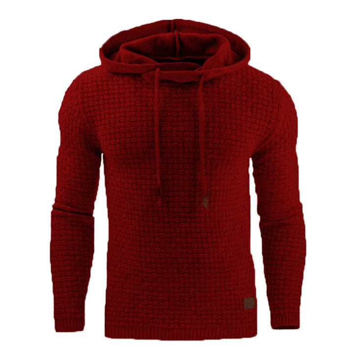 Herrtröja med huva sedd från ryggen, framhäver dess bekväma passform och casual design.