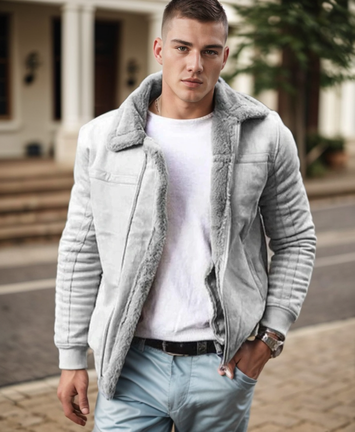 Mäns moderna höftlånga vinterjacka. Varmt ytterplagg med stilren design, perfekt för kyliga dagar och herrmode.