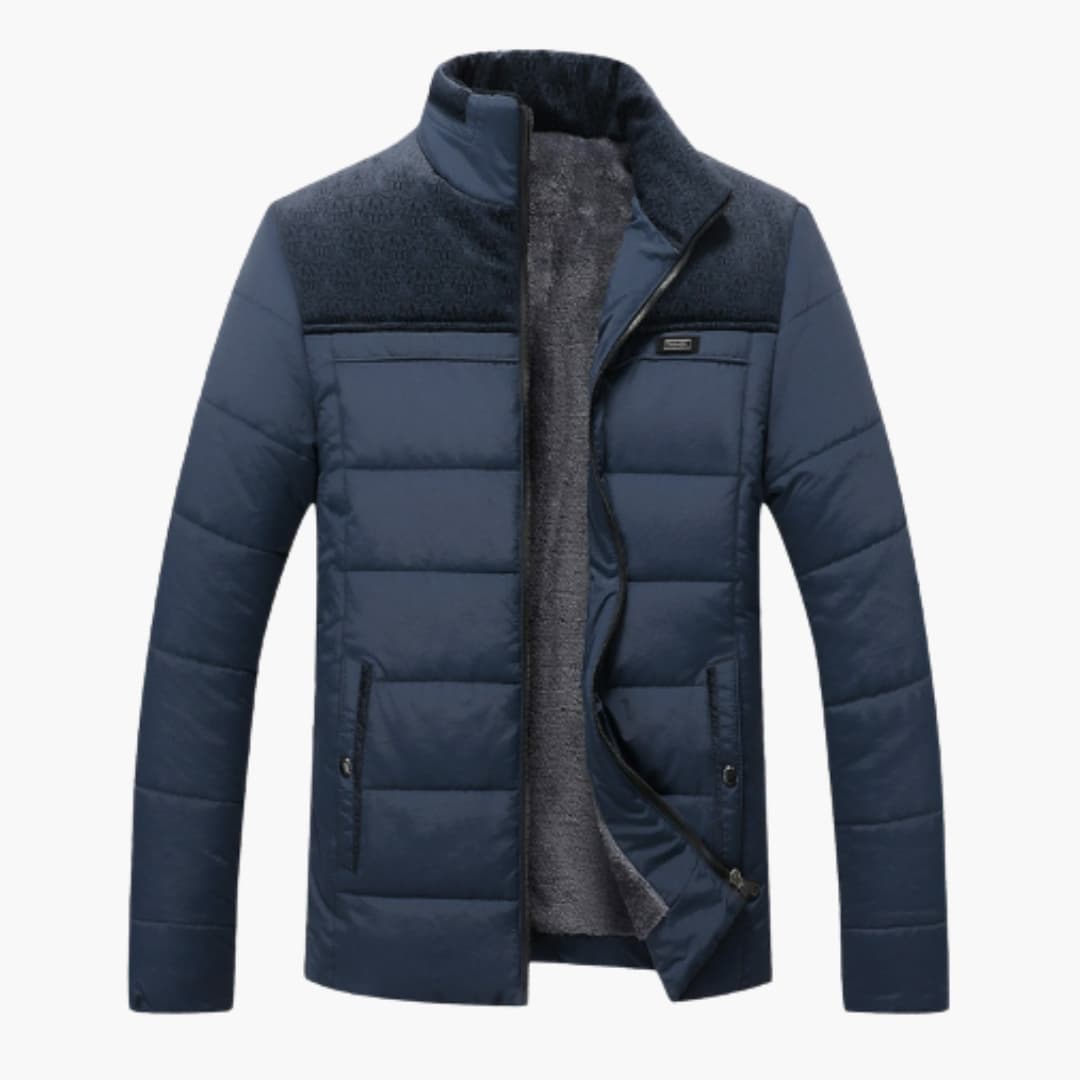Elegant svart herrjacka med stående krage, perfekt som stilfull höst- och vinterjacka för män.