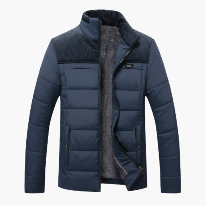 Elegant svart herrjacka med stående krage, perfekt som stilfull höst- och vinterjacka för män.