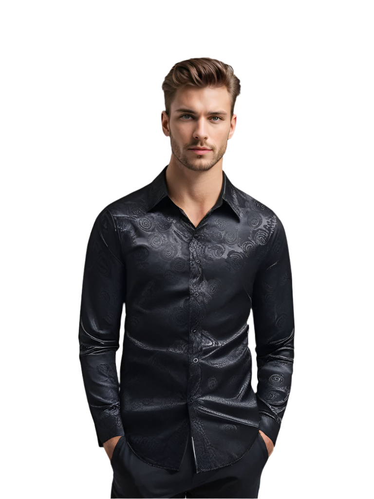 Modern herrskjorta med blommönster och långa ärmar. Perfekt för en bekväm och elegant stil.