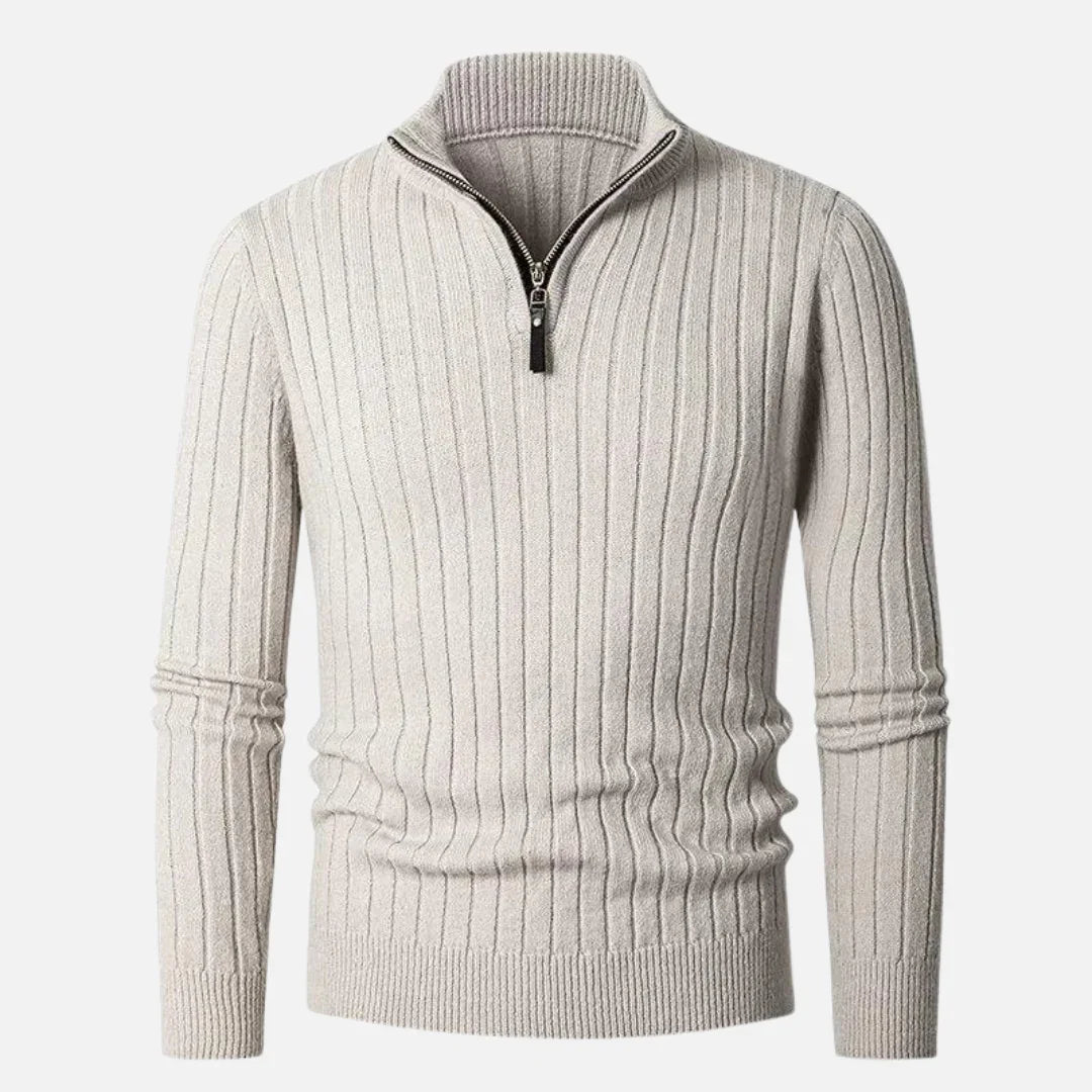 Stilren herrtröja med halv dragkedja, hög krage och ribbade muddar. Trendig och bekväm pullover för män.