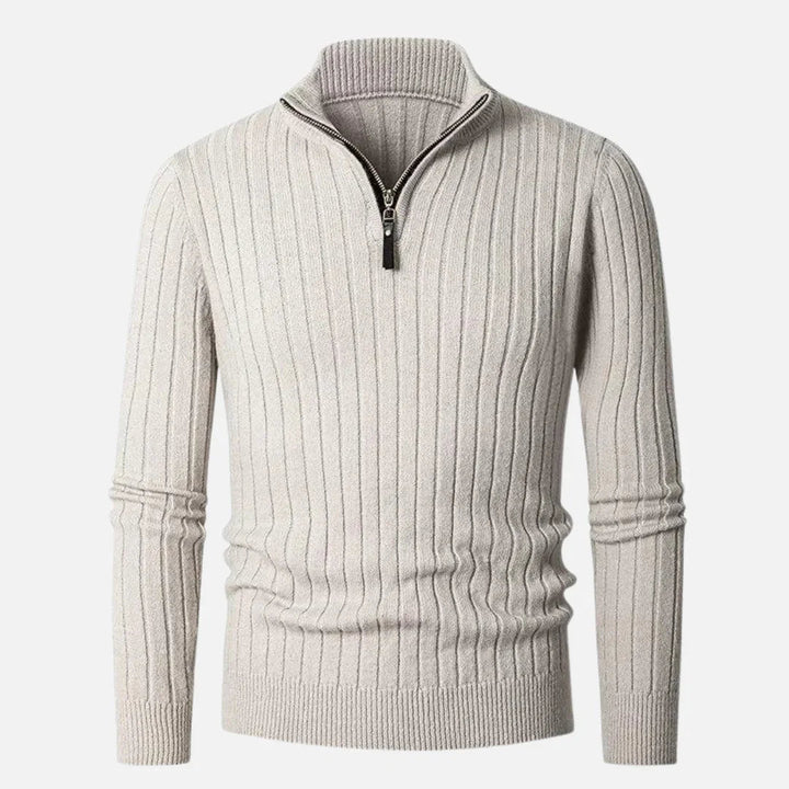 Stilren herrtröja med halv dragkedja, hög krage och ribbade muddar. Trendig och bekväm pullover för män.