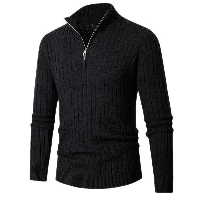 Herrpullover med halv dragkedja, hög krage. Trendig och bekväm herrtröja med ribbade muddar för en stilren look.
