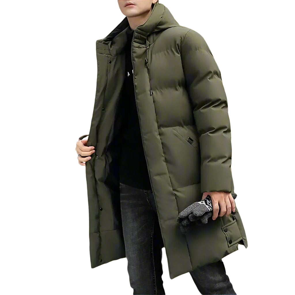 Modern lång herrparkas, vattentät vinterjacka för stilren casual utomhusstil.