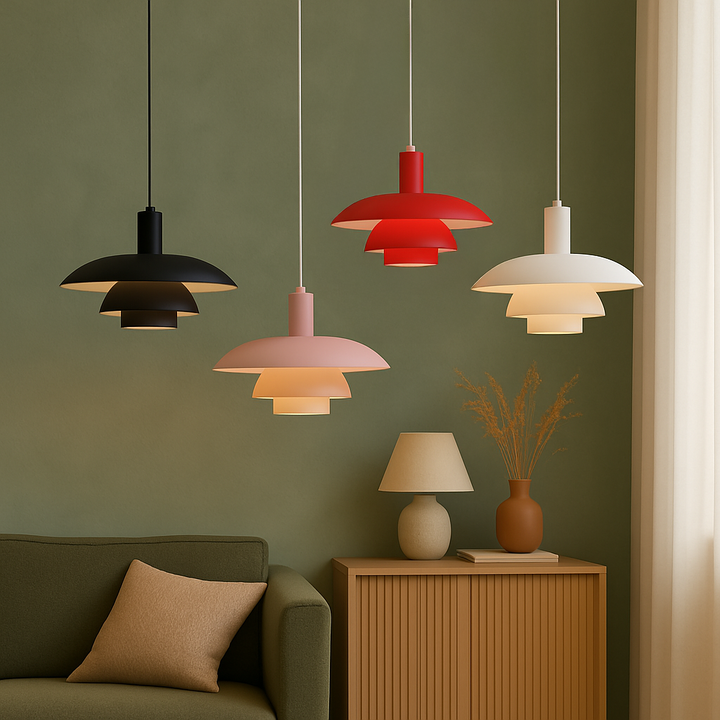 Dimbar modern taklampa i dansk stil, skapar stämningsfull LED-belysning i hemmet.