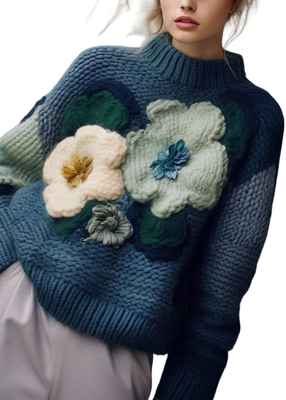 Mysig blå dam turtleneck tröja i loose fit för hösten. Stilfull patchworkdesign, varm & avslappnad passform.