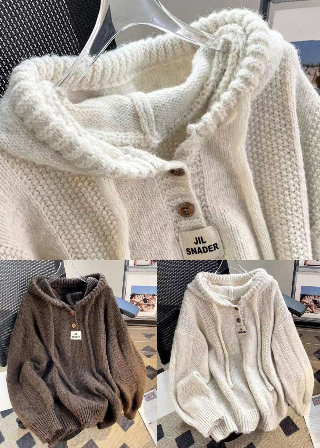 Detalj av huva på mysig damhoodie i patchwork-design. Höstmode som är både bekvämt och trendigt.