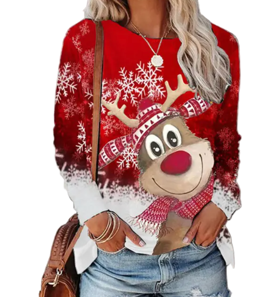 Mysig damtröja med festligt julmotiv, perfekt för varma julfiranden och vinterdagar.
